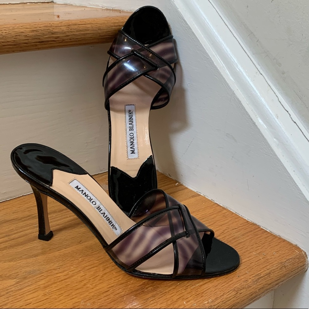 Manolo Blahnik Patent Leather Heel Zebra Mules